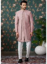 Art Silk Peach Groom Wear Thread Work Readymade Sherwani